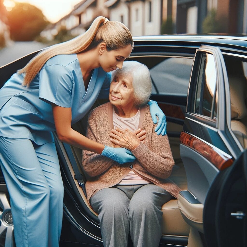 A 2nd Family caregiver assisting an elderly woman to get into a car