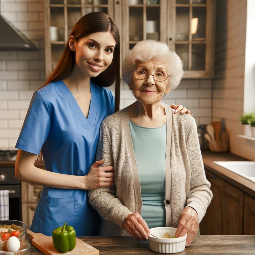 An elderly woman preparing a nutritious meal with the help of a 2nd Family caregiver