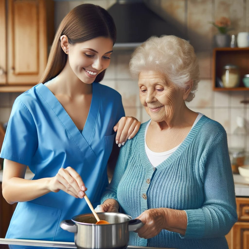 Activities of Daily Living - a 2nd Family caregiver performing meal preparation with an elderly woman