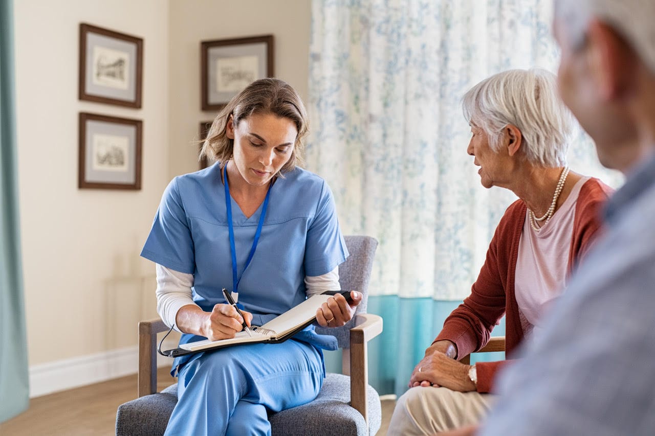 Family meeting with home care nurse - questions to ask when choosing an in-home senior care provider